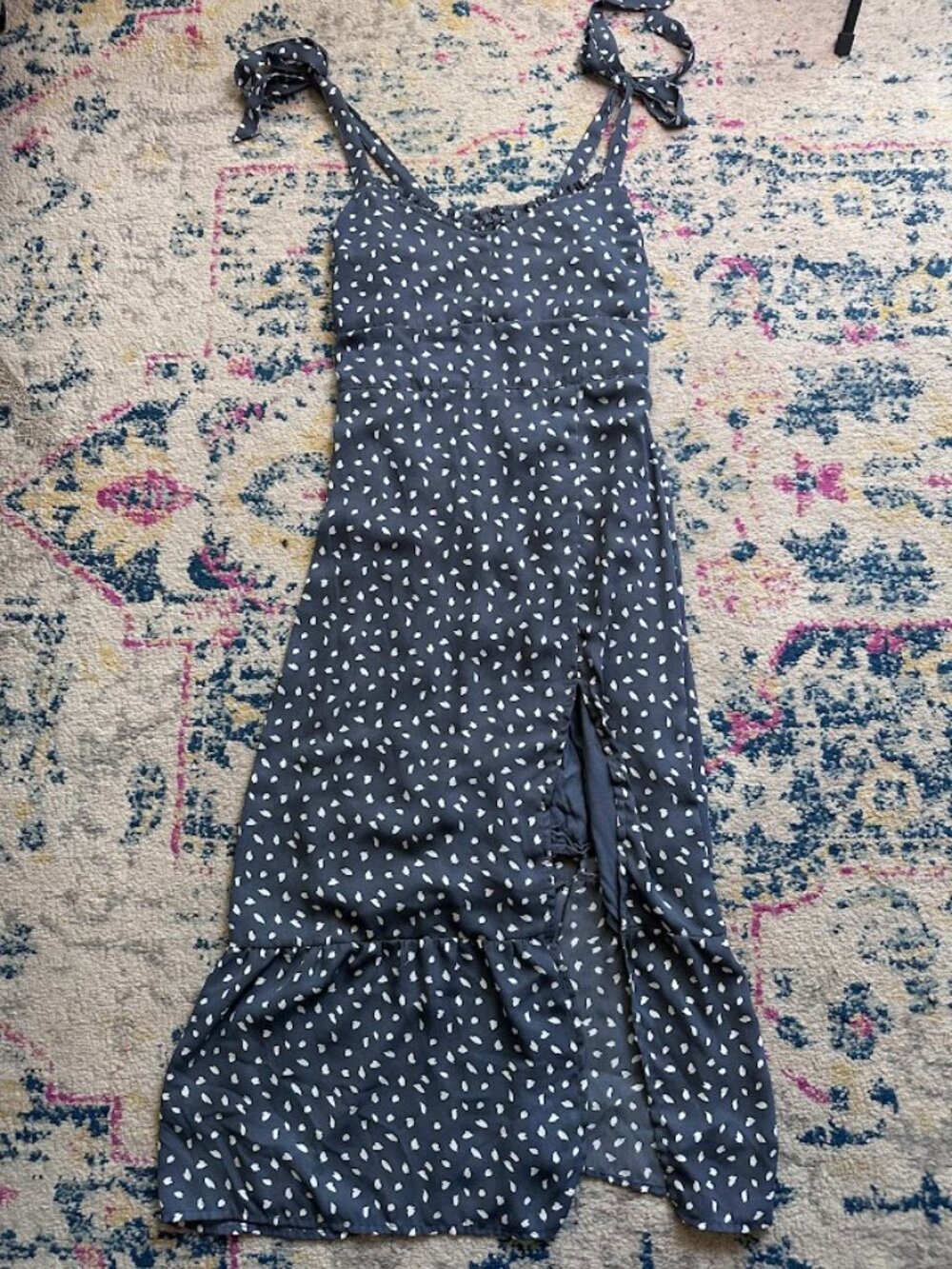Abercrombie & Fitch Tie-Shoulder Blue Gray Midi Dress Front Slit - Small